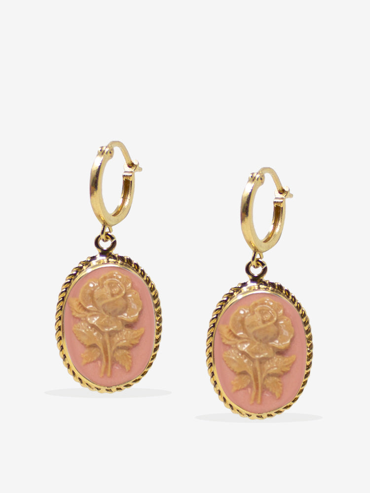Pink Rose Cameo Hoop Earrings Vintouch Jewels - Main Image