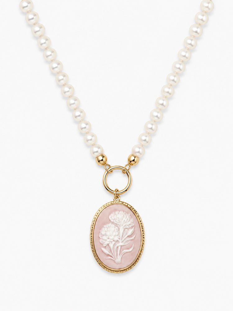 Dahlia pink porcelain cameo necklace with freshwater pearls and 18k gold-plated silver.