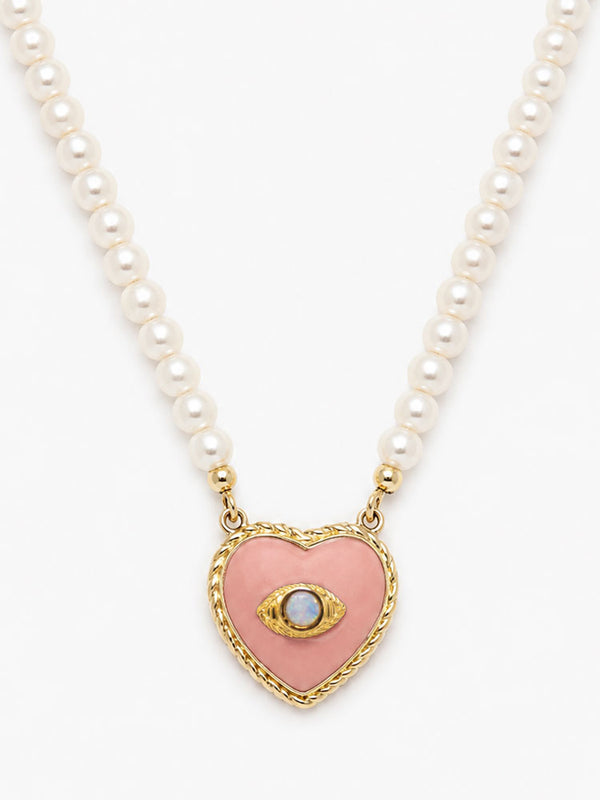 Natural cultured pearl necklace with pink biscuit porcelain heart pendant, opal evil eye and 18k gold-plated silver details.