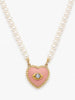 Natural cultured pearl necklace with pink biscuit porcelain heart pendant, opal evil eye and 18k gold-plated silver details.