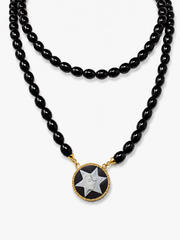 Black onyx necklace with black and white Art Deco star cameo in 18k gold-plated silver by Vintouch