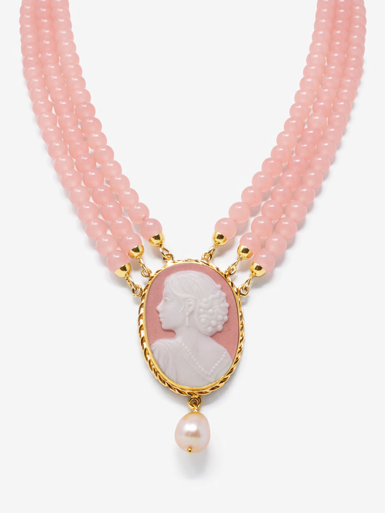 Pink cameo necklace with woman profile pendant and three strands of pink quartz beads in gold-plated silver, handmade Italian jewelry