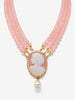 Pink cameo necklace with woman profile pendant and three strands of pink quartz beads in gold-plated silver, handmade Italian jewelry