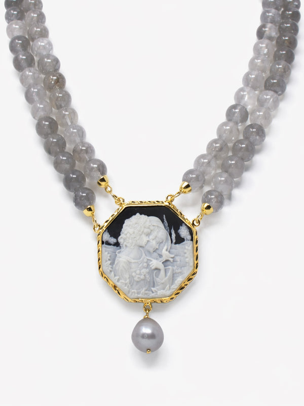 Octagonal cameo necklace with two women profile in porcelain, labradorite bead strands and pearl drop in gold-plated silver, handmade Italian jewelry