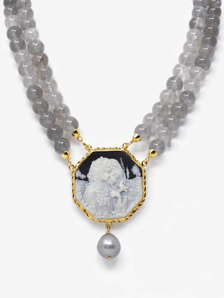 Octagonal cameo necklace with two women profile in porcelain, labradorite bead strands and pearl drop in gold-plated silver, handmade Italian jewelry
