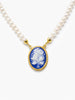 Blue cameo pendant with wildflower design on freshwater pearl necklace in gold-plated silver, handmade Italian jewelry