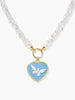 18k gold-plated sterling silver necklace with natural rock crystal chips and sky-blue porcelain heart cameo pendant featuring a hand-carved butterfly.