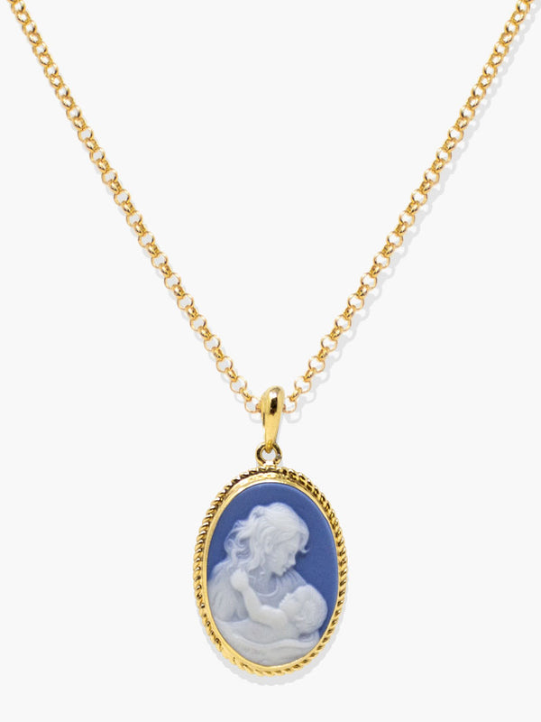 Sky blue Mother and Child cameo necklace in gold vermeil, handcrafted in Italy