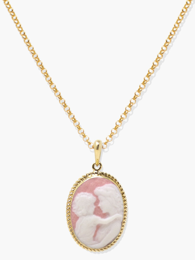 Oval pink cameo pendant depicting a mother and child in a gold vermeil setting, handmade in Italy