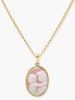Oval pink cameo pendant depicting a mother and child in a gold vermeil setting, handmade in Italy