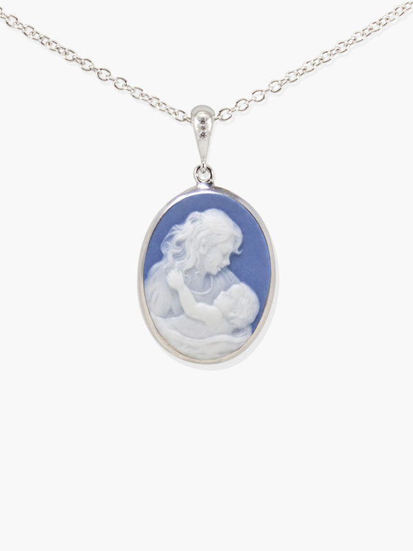 Sky blue Mother and Child cameo necklace in gold-plated sterling silver, handcrafted in Italy