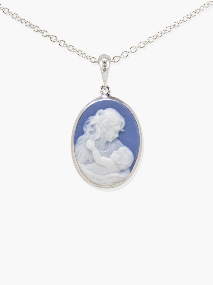 Sky blue Mother and Child cameo necklace in gold-plated sterling silver, handcrafted in Italy