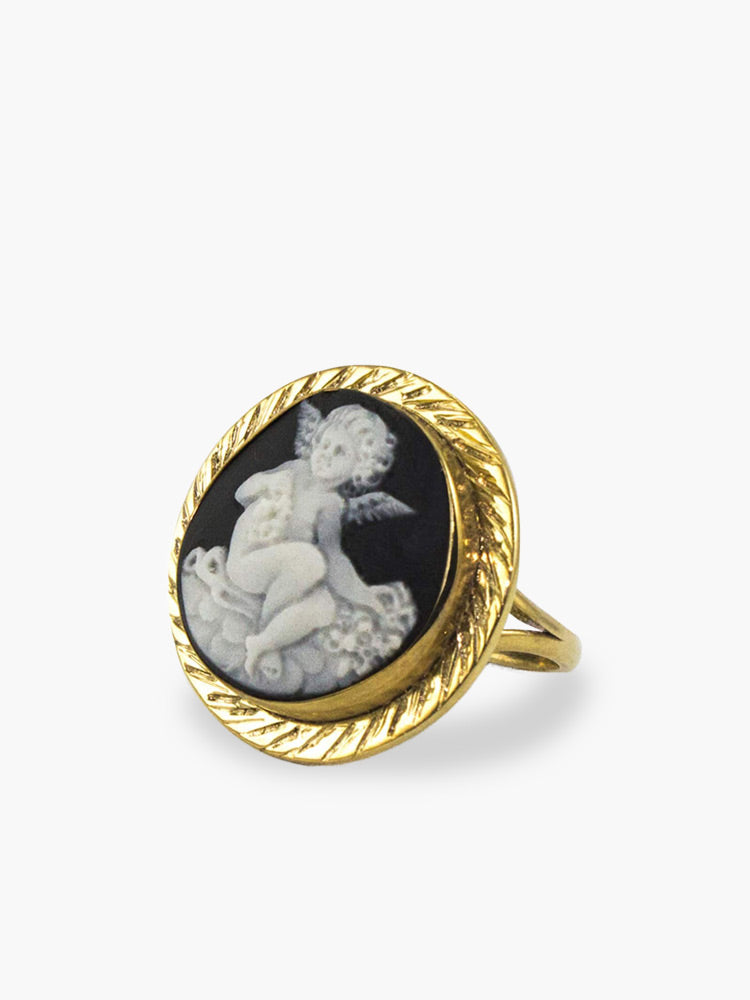 Gold-plated silver ring with white porcelain cherub cameo, handmade in Italy by Vintouch