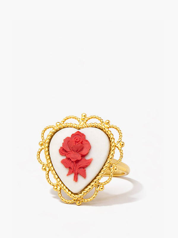 heart porcelain cameo ring with red rose gold plated silver handmade in Italy Vintouch