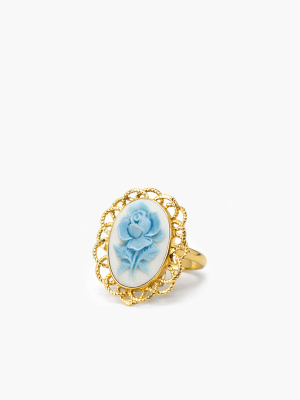 Blue rose cameo ring in gold-plated silver with hand-carved porcelain, handmade in Italy