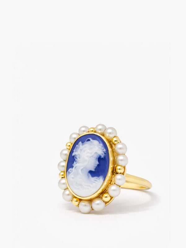 Hand-carved blue porcelain cameo ring in gold-plated sterling silver with freshwater pearls, handmade Italian jewelry