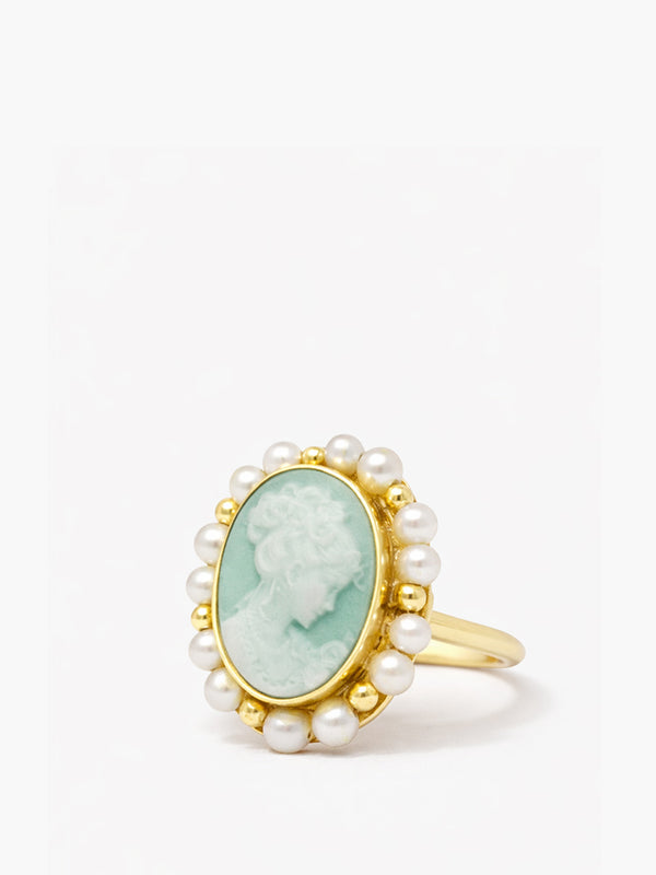 Hand-carved green porcelain cameo ring with pearls in gold-plated sterling silver, handmade Italian Victorian-inspired jewelry