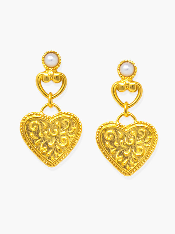 Heartwork gold vermeil heart earrings with ornamental detailing and freshwater pearls, handcrafted in Italy
