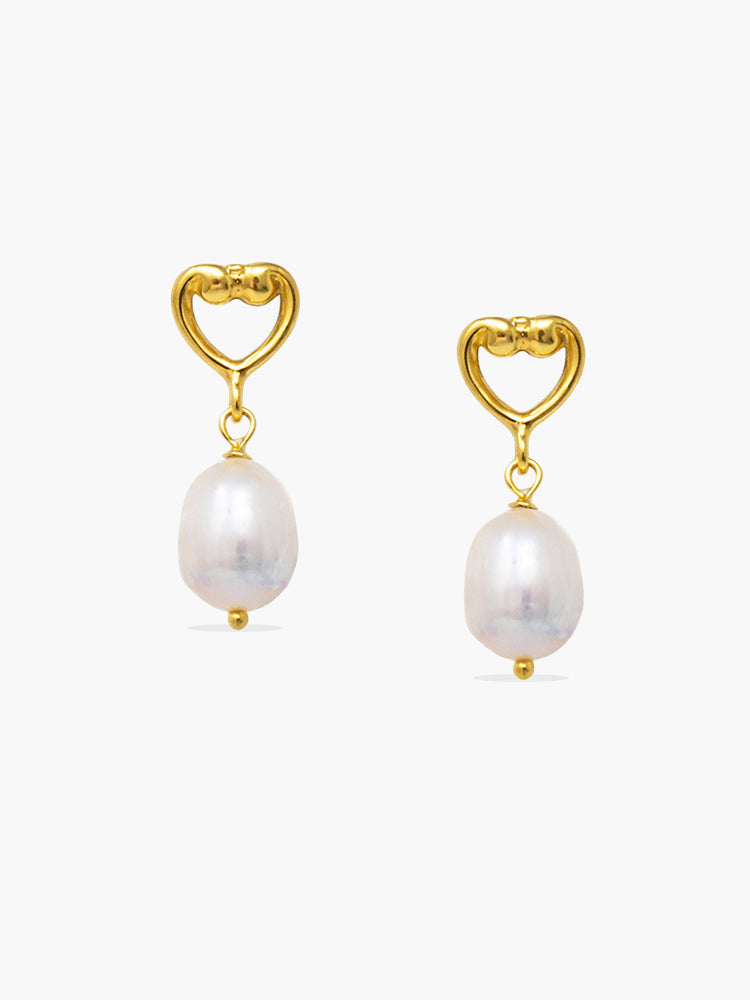 Heartwork pearl drop earrings with stylized heart in gold vermeil, handcrafted in Italy