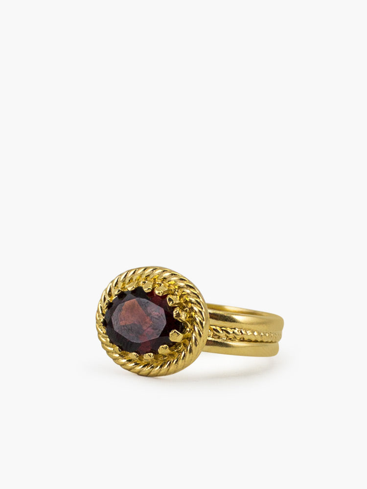 Italian Garnet Ring With Rope Detail - 18k Gold Plated Silver