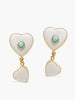 Heart-shaped earrings in white porcelain set in gold vermeil, featuring a turquoise cabochon in the middle. A smaller heart pendant dangles below. 
