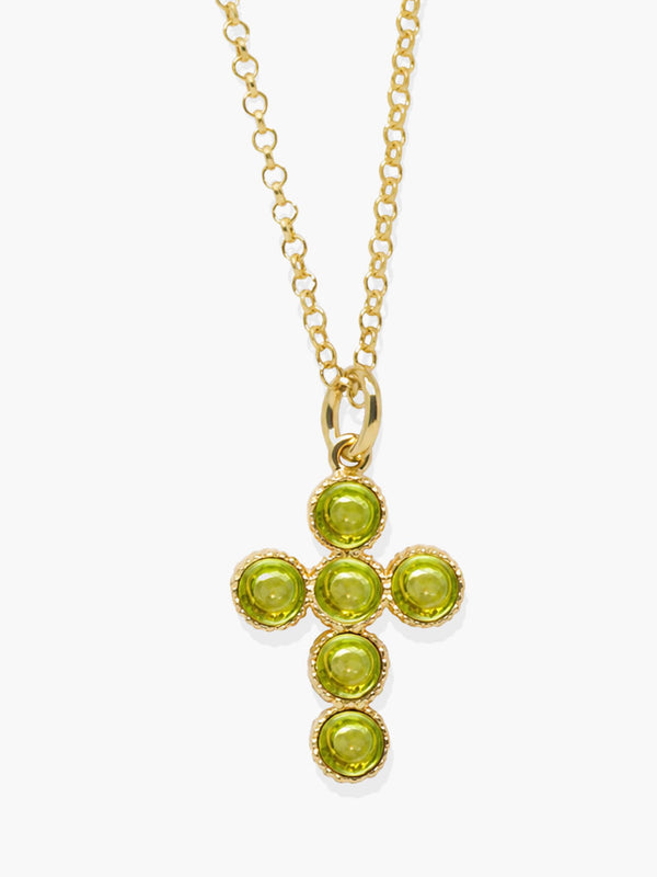 Hope gold-plated silver cross necklace set with six vibrant green peridot gemstones