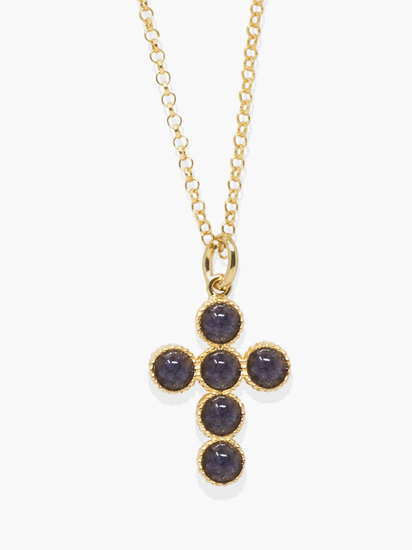 Hope gold-plated silver cross necklace set with six blue-violet iolite gemstones