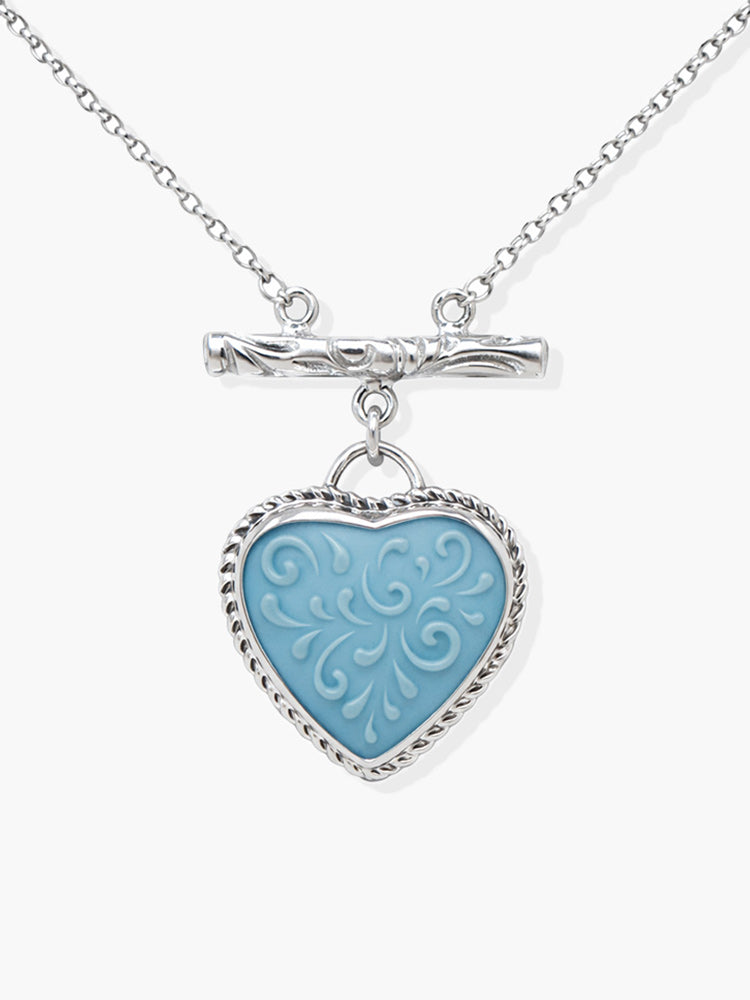 Heartwork turquoise blue porcelain heart necklace in rhodium plated sterling silver, handcrafted in Italy