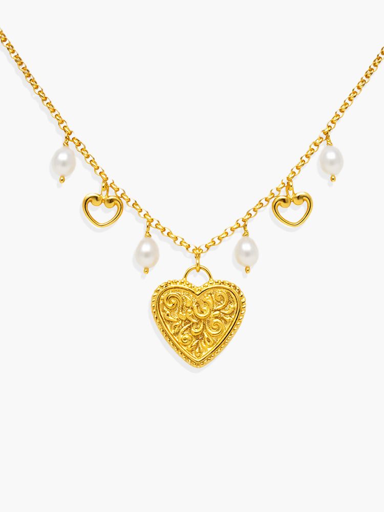 Heartwork gold vermeil heart and pearl necklace with ornamental detailing, handcrafted in Italy