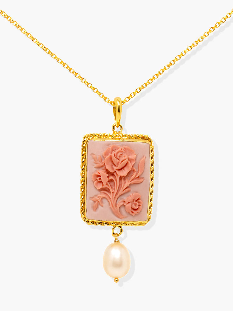 pink porcelain cameo necklace with rose carving and pearl drop gold plated silver handmade in Italy