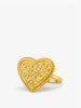 Heart-shaped gold vermeil statement ring with ornate rococo-inspired engravings handcrafted in Italy