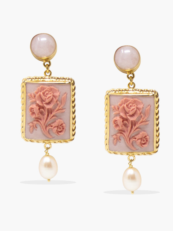 Porcelain flower bud cameo and pearl drop earrings in 18k gold vermeil, handcrafted in Italy by Vintouch.