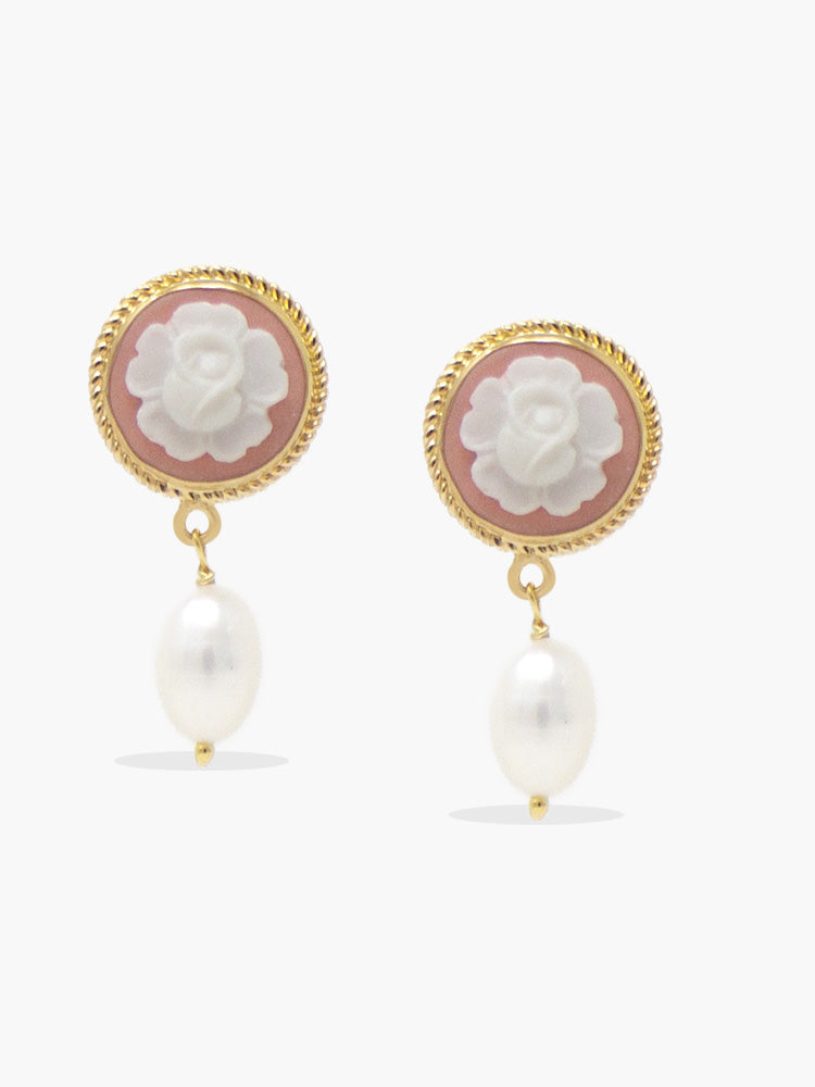 Flower bud porcelain cameo and pearl drop earrings in 18k gold vermeil, handcrafted in Italy by Vintouch.