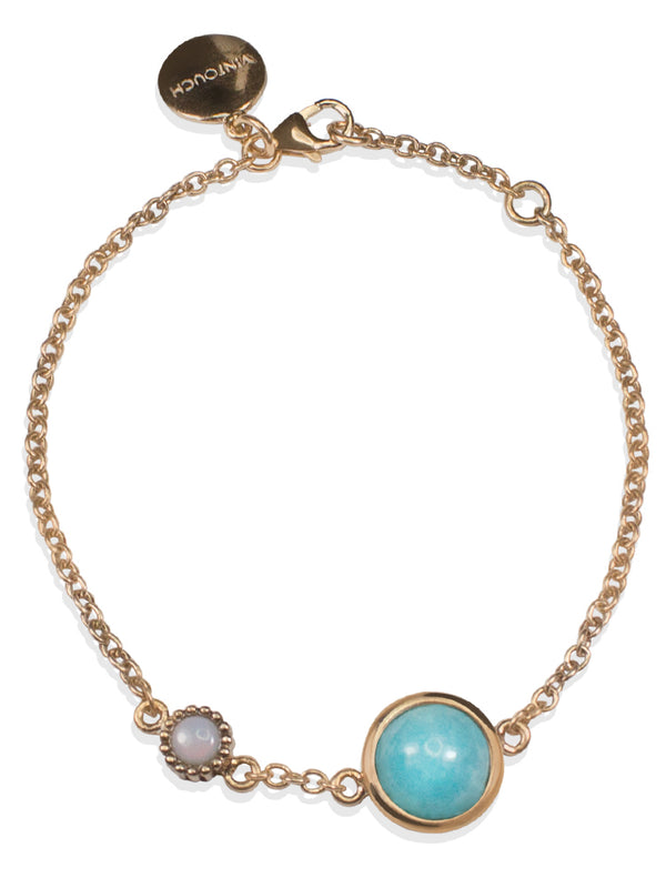 Amazonite for positive energy. Vibrant and full of style, our Satellites collection brings semi-precious gemstones to life for a fresh everyday look. This bracelet features Amazonite and Opal stones set in 18k rose gold vermeil on sterling silver. The chain size is adjustable. 