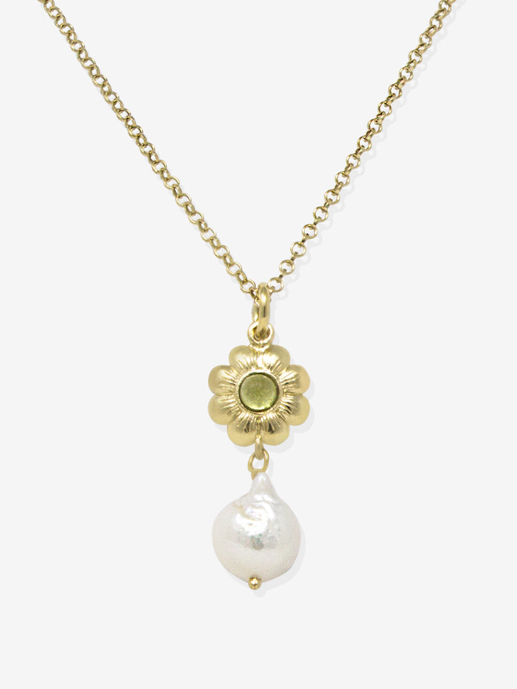 14K Yellow Gold Necklace with Freshwater Pearls, Peridot, and Quartz | The  Little Jewel