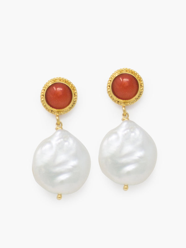 Tiered Red Coral and Keshi Pearls stud earrings, handmade from 18k gold over silver. 