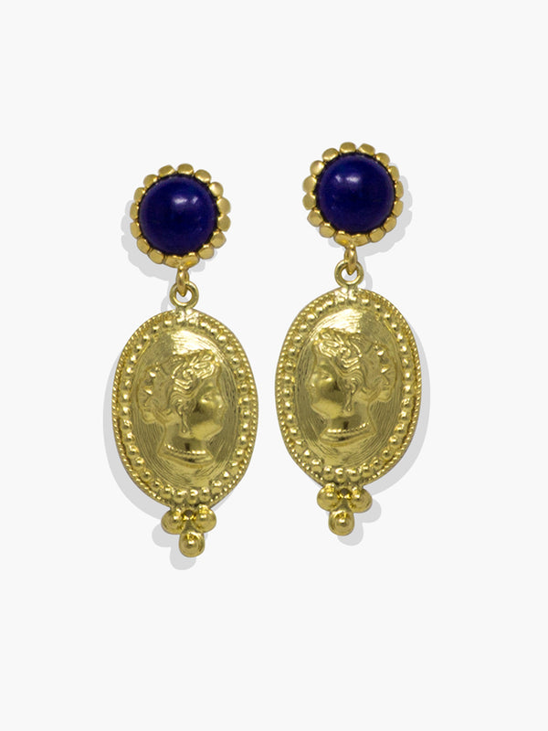Handcrafted 18k gold-plated silver earrings with lapis lazuli and Victorian-style portrait medallions inspired by Evelyn De Morgan.
