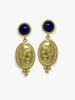 Handcrafted 18k gold-plated silver earrings with lapis lazuli and Victorian-style portrait medallions inspired by Evelyn De Morgan.