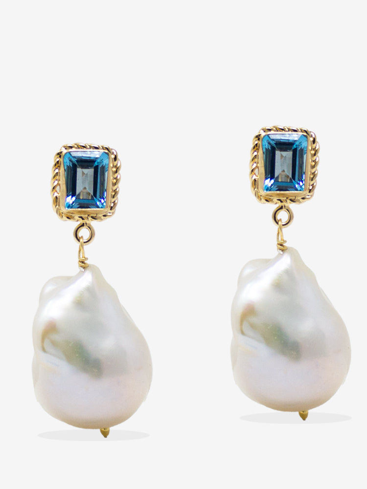 Handmade Blue Topaz and Baroque Pearl Drop Earrings– Vintouch Jewels