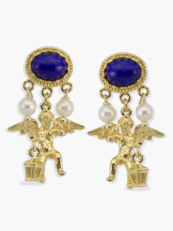 Cherubini Earrings by Vintouch Jewels, made with pearls and lapislazzuli gemstones. Symbolizing protection, they're cast from 18k gold plated silver. 