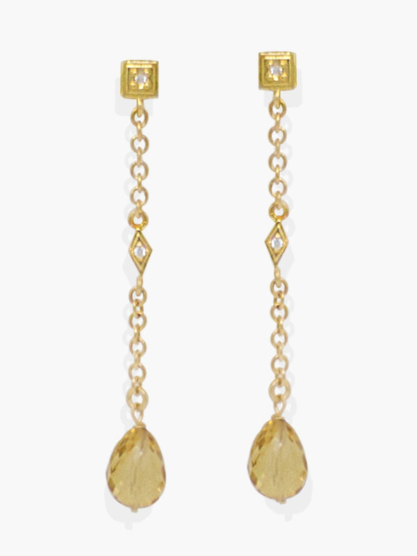 Here at Vintouch we're constantly focused on environmental sustainability, so we strive to craft our jewelry pieces from responsibly sourced materials. These earrings are inspired from Deco style jewelry, cast in our workshops in Italy from 18k gold-plated silver strung with faceted, ethically sourced yellow citrine quartz and AAA grade cubic zirconia that shimmer in the light. They're elegant enough to be worn either in the day or at a night event. 