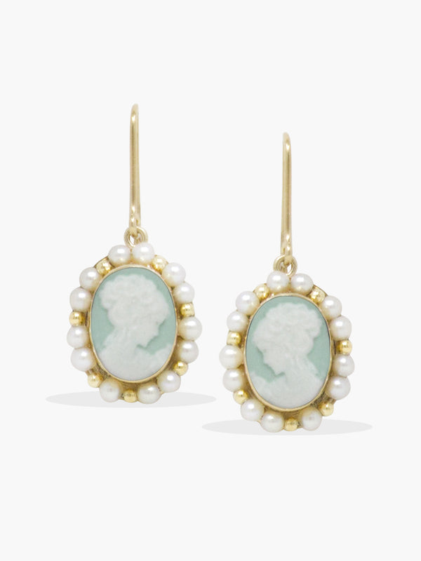 Handcrafted green cameo earrings with freshwater pearls by Vintouch, Italian-made porcelain cameo jewelry in gold-plated silver.