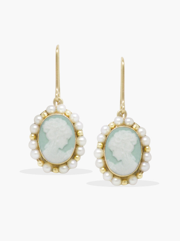 Handcrafted green cameo earrings with freshwater pearls by Vintouch, Italian-made porcelain cameo jewelry in gold-plated silver.