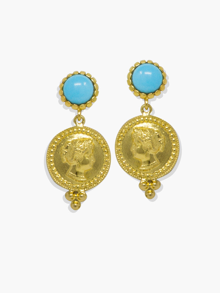 Gold-plated silver Cleopatra turquoise earrings by Vintouch Jewels.