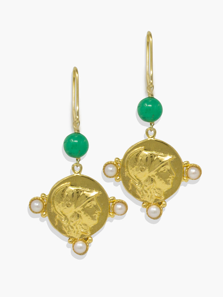 Gold-plated silver Athena chrysoprase and pearl earrings. 