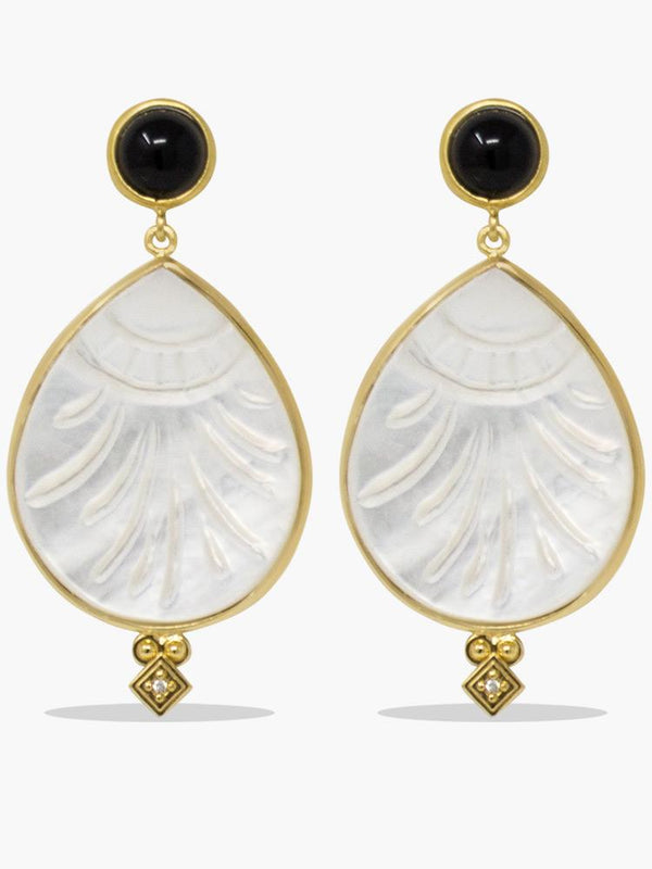 Vintouch's Feuilles hand-carved Mother of Pearl & Onyx Gold-plated Statement Earrings