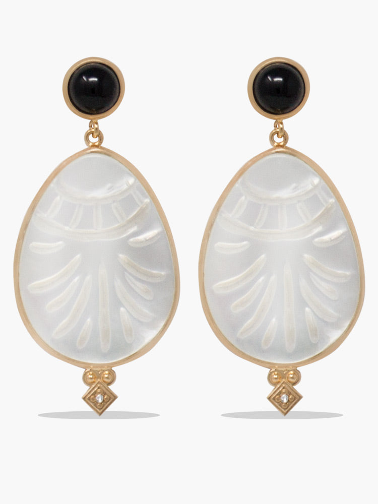 Vintouch's Feuilles Rose Gold-plated hand-carved mother of pearl & onyx earrings. 