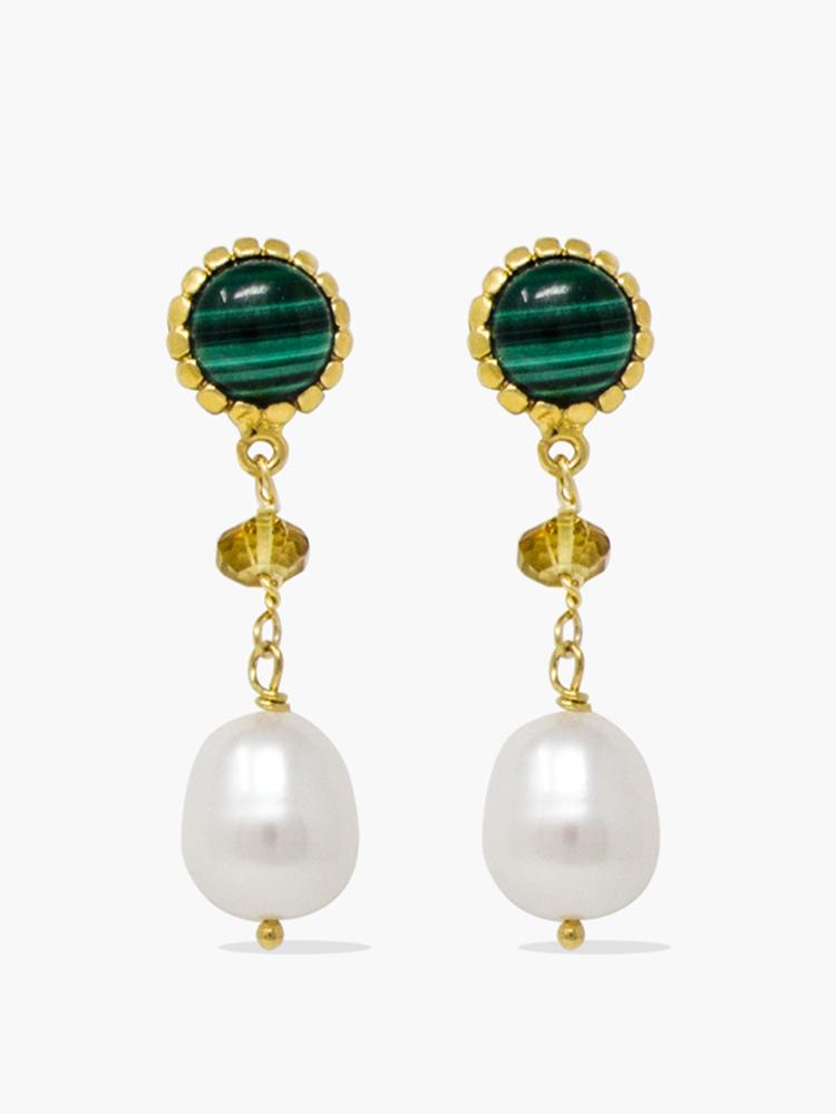 Gold-plated Malachite, Yellow Citrine Quartz and pearl drop earrings by Vintouch Jewels. 