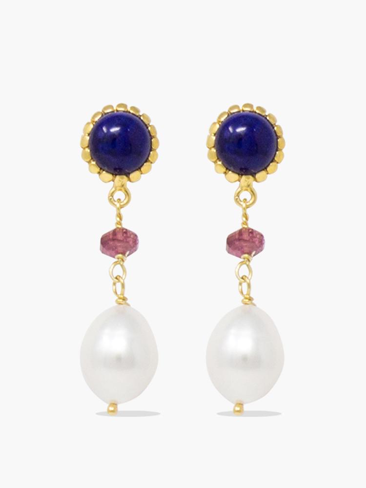 Gold-plated Lapis, Pink Quartz and Pearl Drop earrings by Vintouch Jewels.