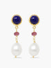 Gold-plated Lapis, Pink Quartz and Pearl Drop earrings by Vintouch Jewels.